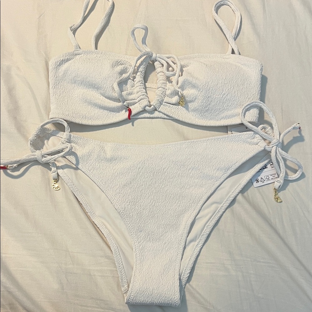 H&M White Textured Lace-Up Bandeau Bikini